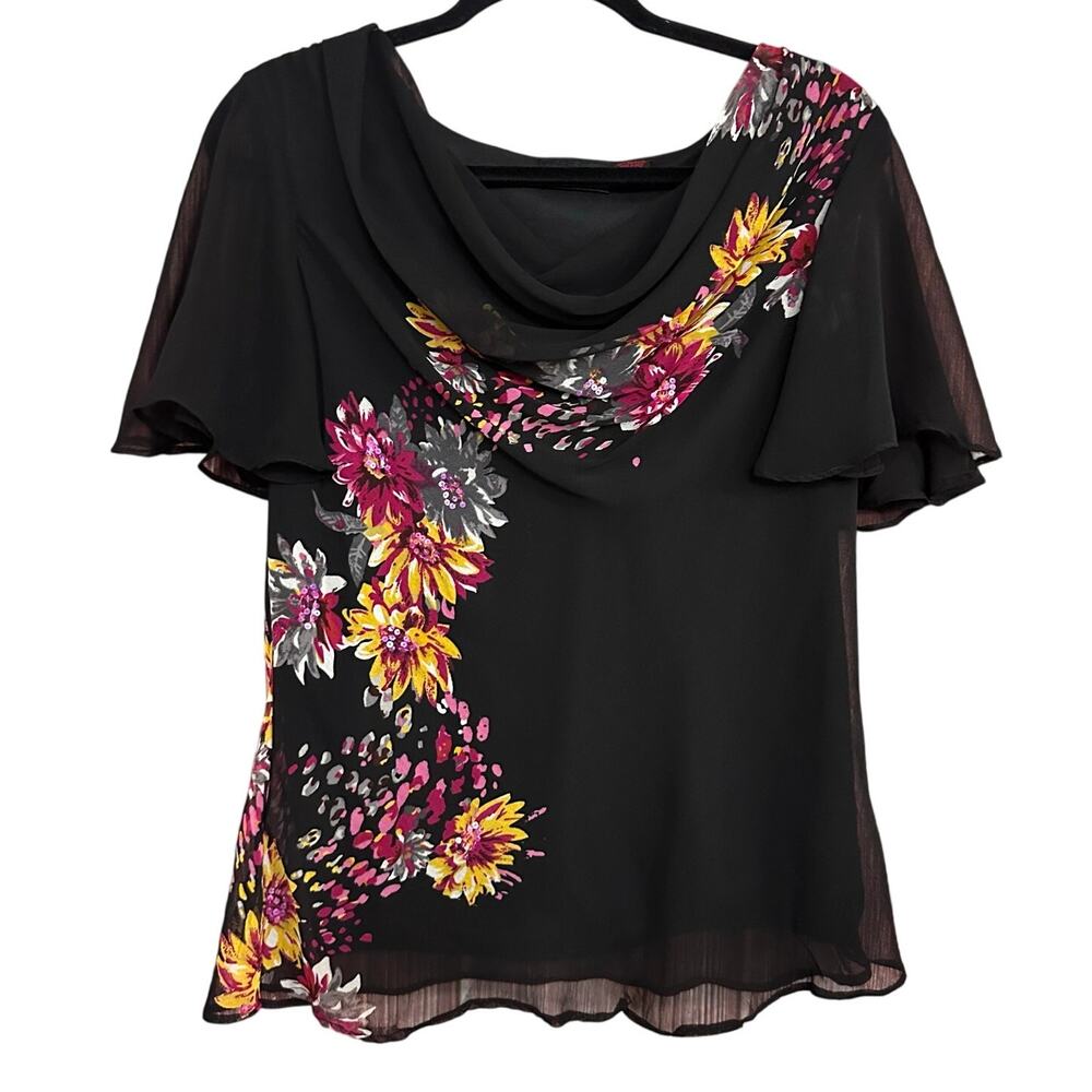 Vintage Y2K Sequin Cowl Neck Sheer Blouse Size Large Black Dark Fairy Floral